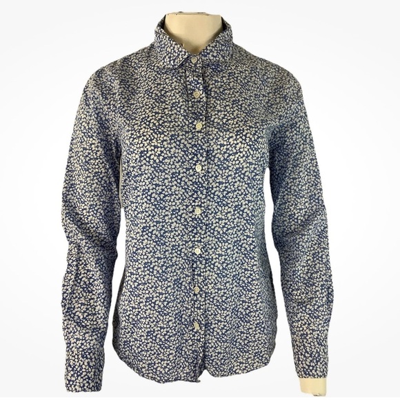J Crew Sz 8 100% Cotton Floral Print Button Boy Shirt Blue Long Sleeve - Picture 1 of 6